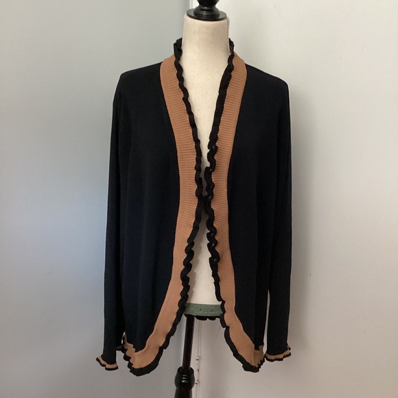 Y2K GRACE DANE LEWIS PLUS 2X BLACK KNIT CARDIGAN OPEN FRONT BEIGE RUFFLE TRIM - Picture 1 of 15